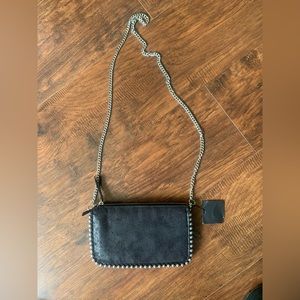 Zara Faux Shiny Suede Black Crossbody With Silver Studs